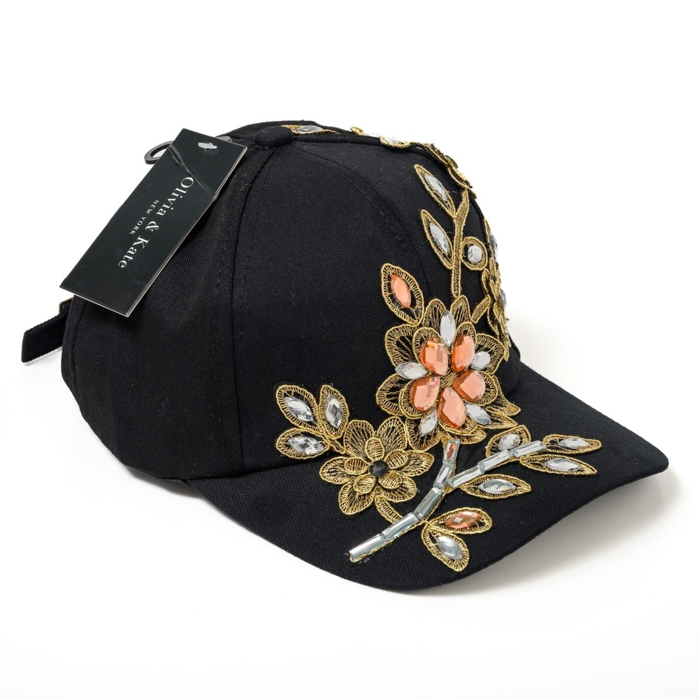 Olivia & Kate Women's Cap w/ Flower Bling Appliqué + Rhinestones Black Girls Hat